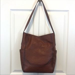 Frye side pocket cognac leather hobo bag